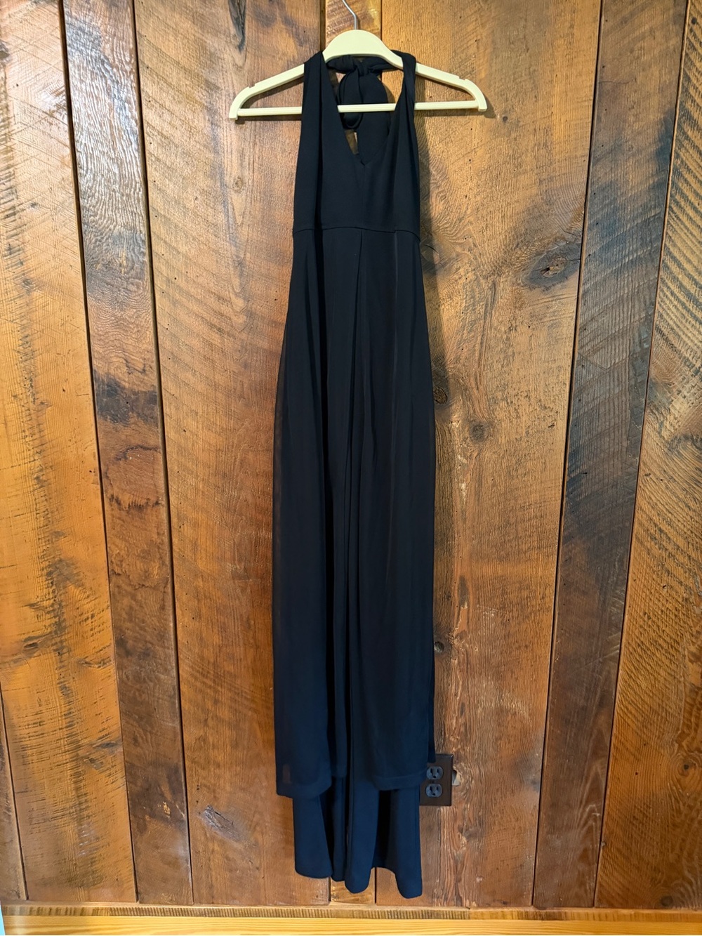 Next Up | Elegant Black Illusion Overlay Halter Goth Glam Cocktail Jumpsuit • S